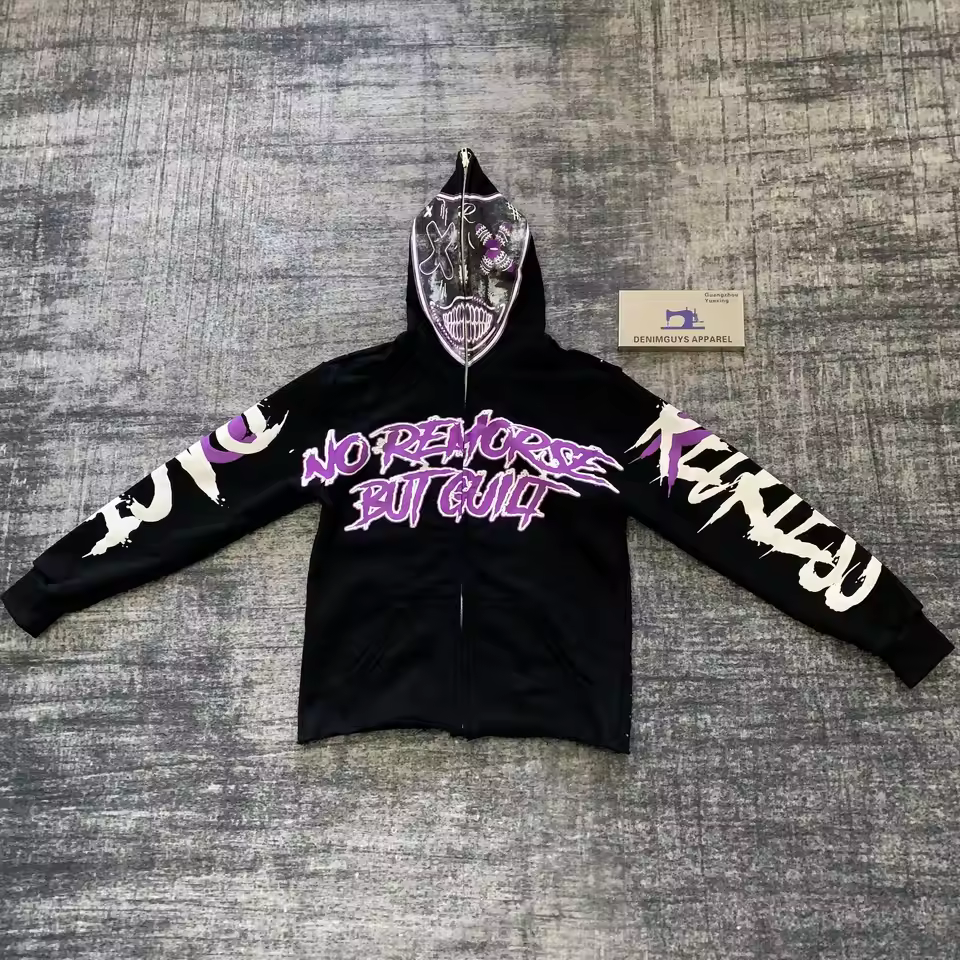 Denimguys Street Style Puff Printing Full Zip Up Hoodie Custom Heavyweight Oversized French Terry Cotton Hoodies For Men