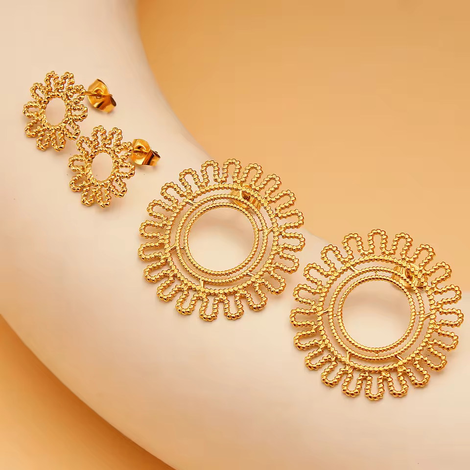 Minimalist 2 Size Round Flower Stainless Steel Earrings Simple Design 18k Gold Plated Ear Stud Anti Allergic Oem Factory