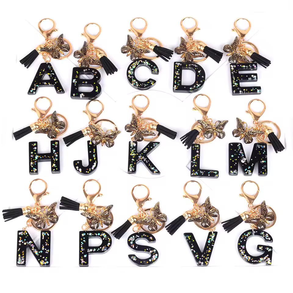New Black 26 Letter Keychain Men And Women Tassel Resin Sequin Star Pendant Keychains Bulk Wholesale