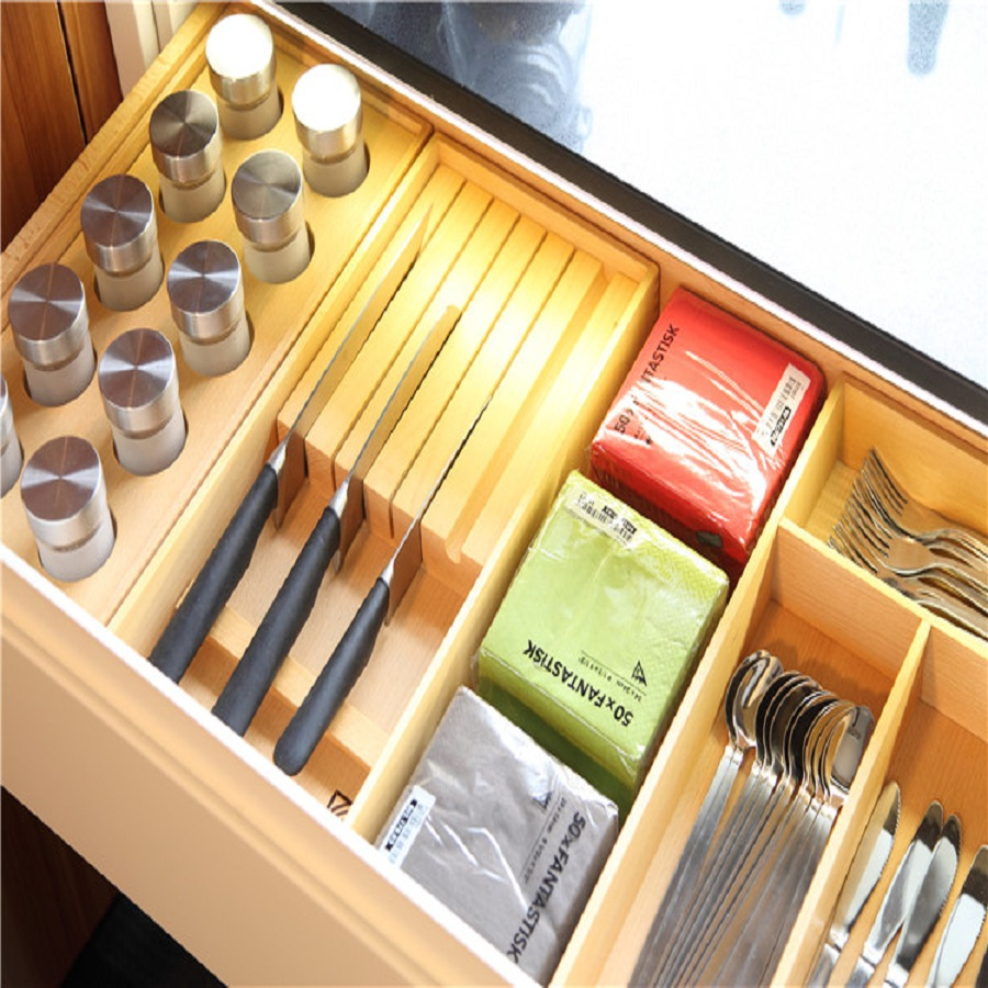 Bamboo Adjustable Utensil Drawer Organizer for Kitchen Cabinets