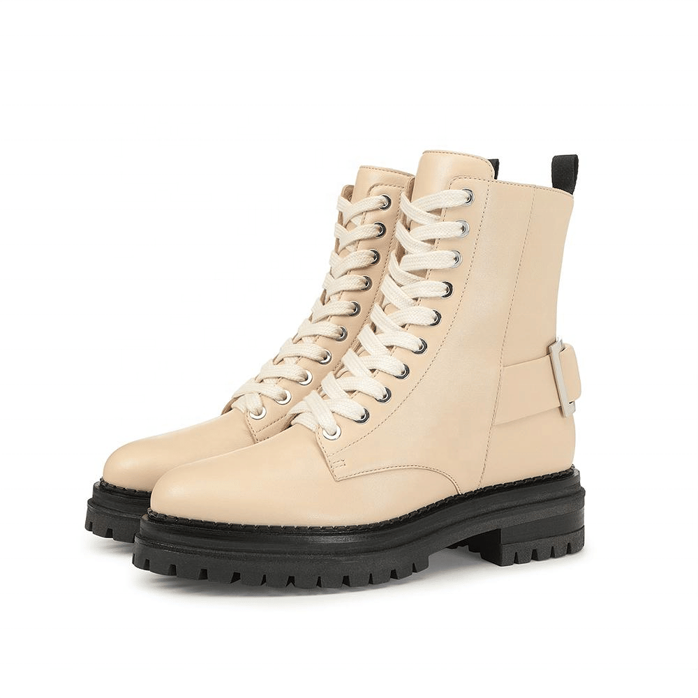 Beige Lace up Front Chunky Heel Boots Round Toe Ankle Booties Large Size New Style Combat Boots