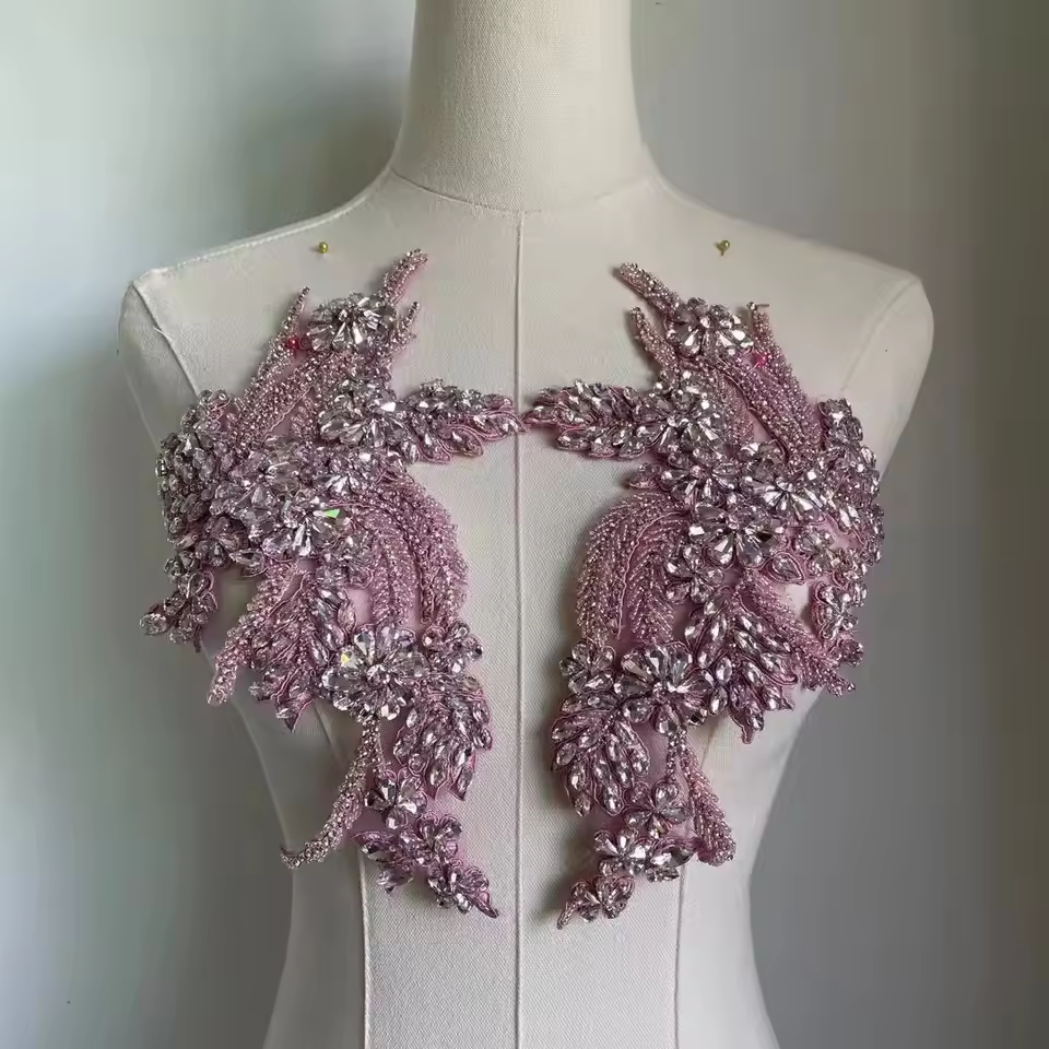 Pink Crystal Bead Motif Applique For Dance Costume,Rhinestone Bodice Applique For Wedding Dress