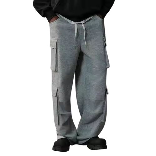 Wholesale Men's Pants Washed Oversized Grey Cargo Sweatpants Baggy Streetwear Jogger Trousers With Side Multi Flap Pockets Bulk