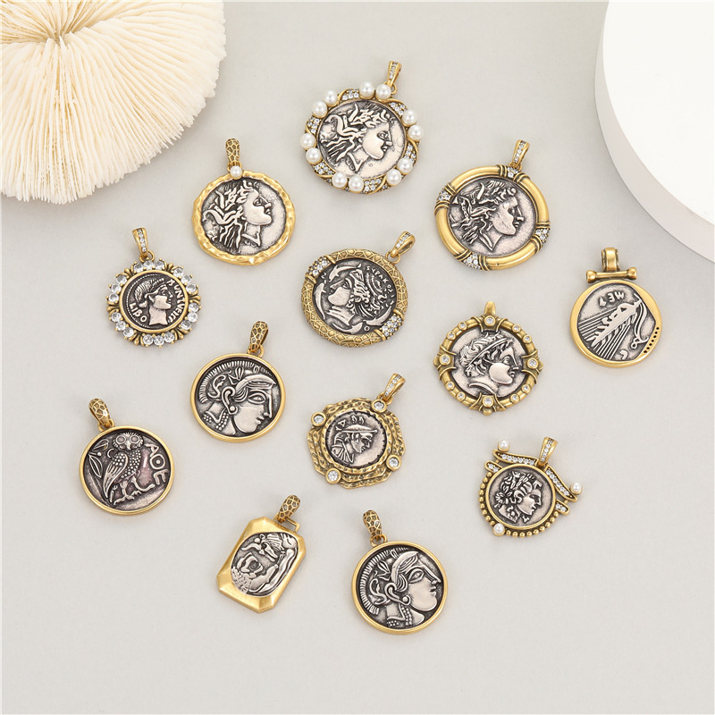 Antique Gold Bronze Beauty Portrait Knight Angel Goddess Coin Medallion Charm Pendant, Necklace Jewelry Accessories Supplies