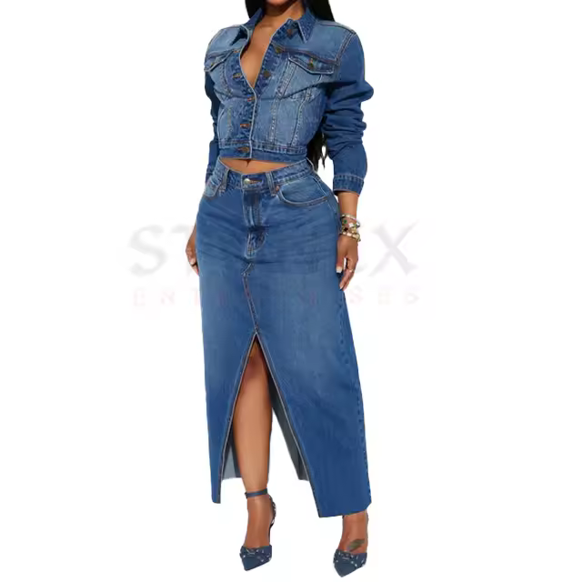 2023 Wholesale Hot Sale Women Denim Solid Washed Cotton Two Piece Skirt Set High Street Style Breathable