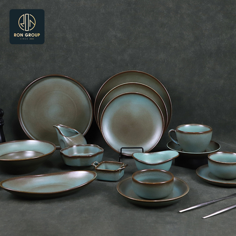 Stackable Design Matte Glazed Gradient Plates & Bowls Ceramic Dinnerware Set for Cafe and Restaurant