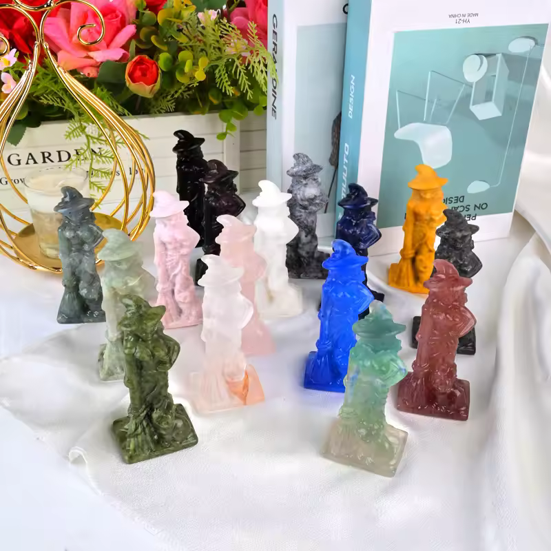 High Quality Natural Rose Quartz Crystal Witch Crafts Healing Halloween Witch Carving For Decoration