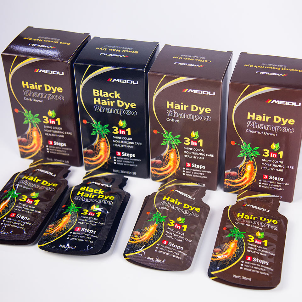 Manufacture Sachet Herbal 5 In 1 Ginseng Meidu Hair Color Shampoo Black Coverage Gray Hair Home Use Permanent Hair Dye Shampoo