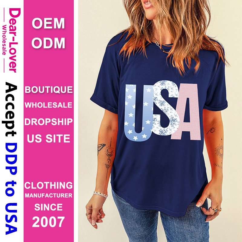Dear-Lover Wholesale DDP Air Shipping Import Tariffs Included Blue USA Graphic July 4th Crew Neck Women T Shirt