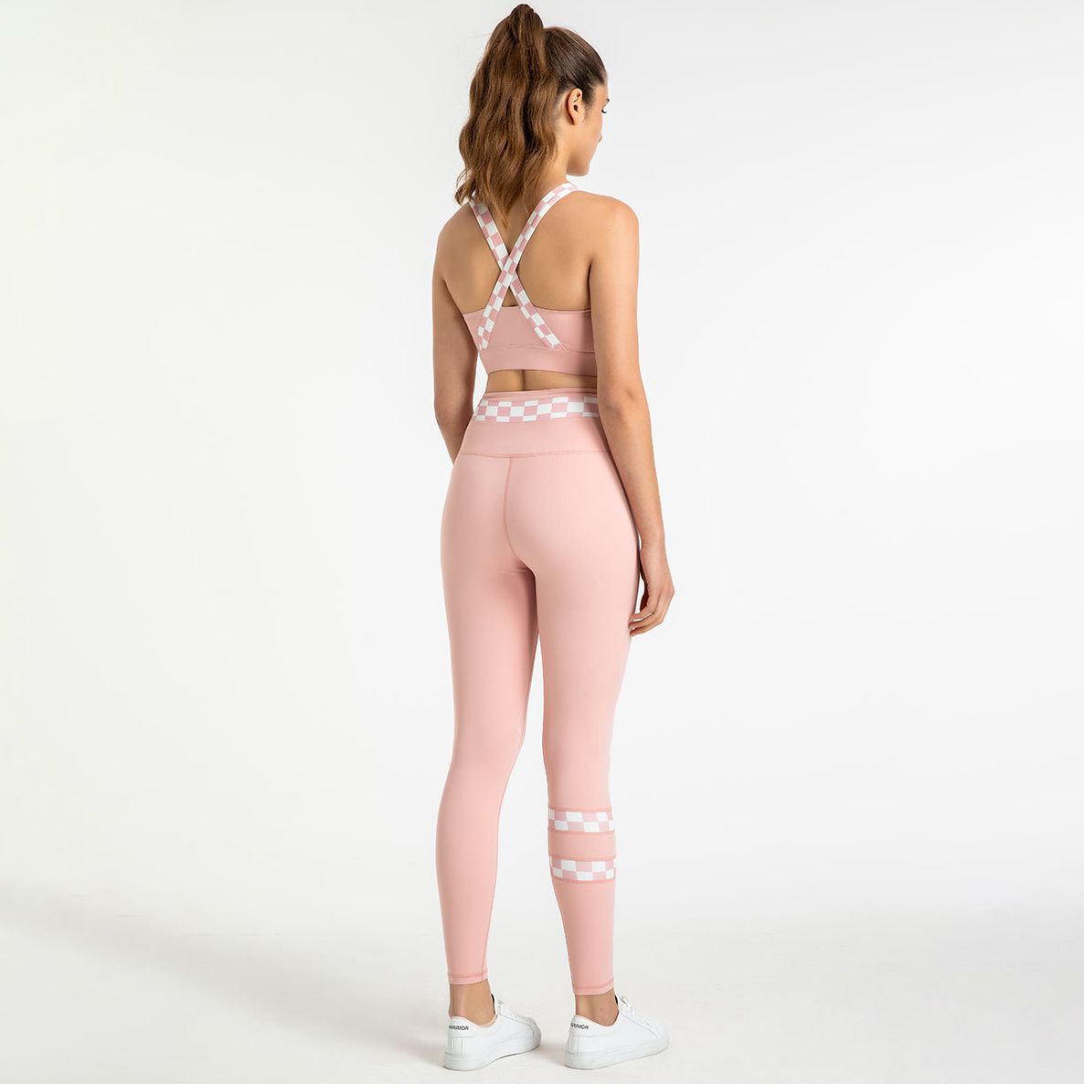 Hot Selling Cool Checkboard Geometry Print 2PCS Sports Suit Back Crossover Yoga Fitness Bra High Waist Leggings