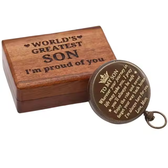 Brass Navigation Compass With Engraved Wooden Box Vintage Nautical Pocket Guide Compass For Camping Hiking Boating Adventure