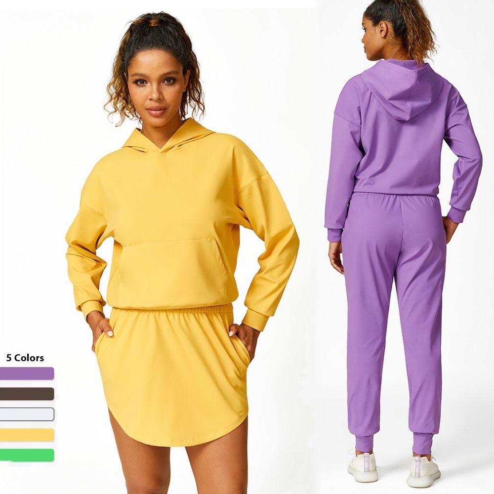 Wholesale 3PCS Casual Fleece Lined Athletic Sweatsuits for Ladies, Long Sleeve Hoodie + Short Skirts with Pockets + Jogger Pants Tennis Golf Activewear Set