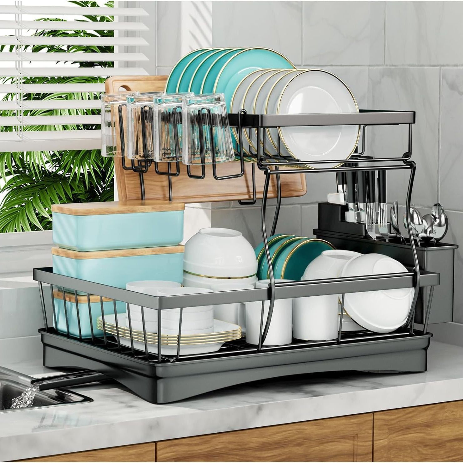 Large Dish Drying Rack with Drain Board Removable Large Capacity 2-Tier Over Sink Rust-Proof Dish Drainer for Kitchen Counter