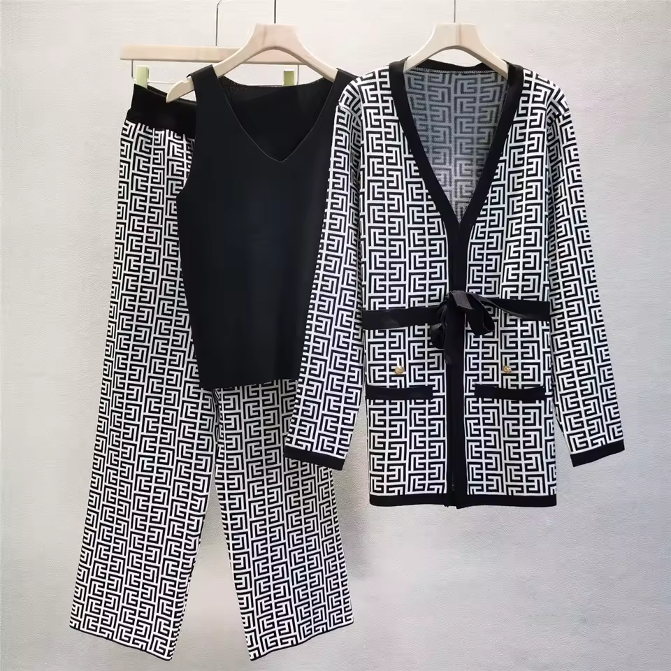 Boutique Lettered Top Pants Jacket V-neck Bottom Knitted Shirt Wide Leg Pants 3 Pieces Set Women's Elegant Clothing