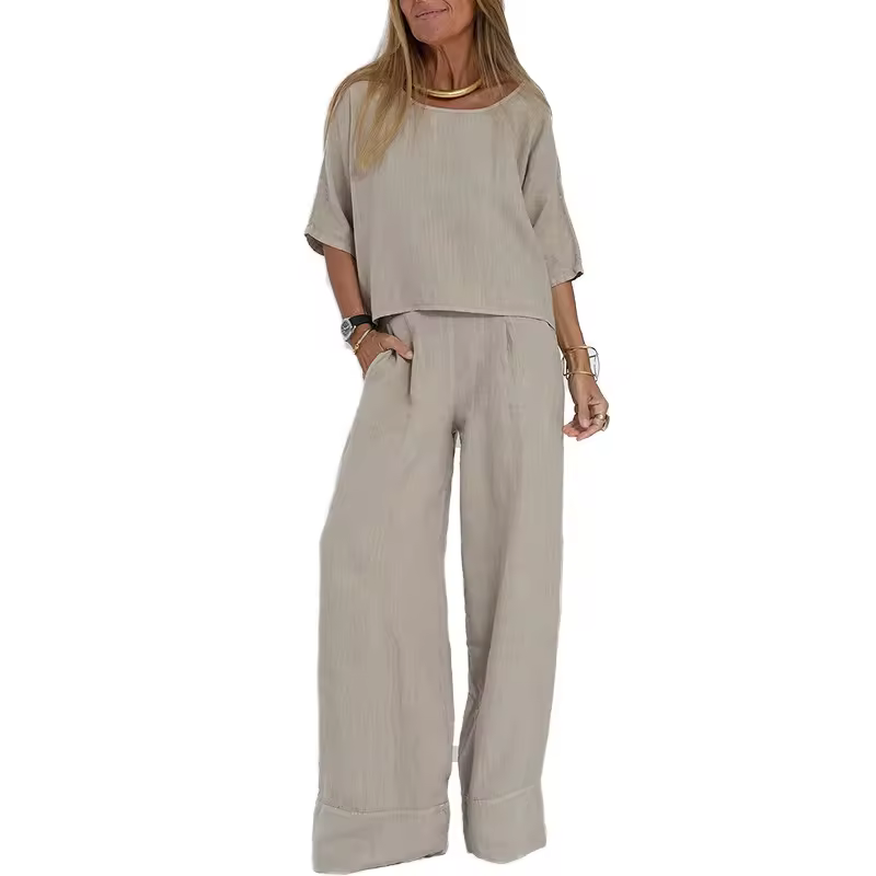 2025 Women's Summer Linen Crop Long Track Pants Woven Cotton 2-piece Outfits Casual Plain Dyed S-5xl Sets For Spring Collection