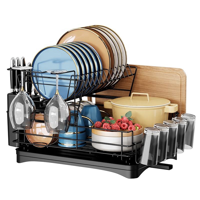 Multifunctional Kitchen Tableware Drain Storage Rack Metal Dish Drying Rack with Glass Holder
