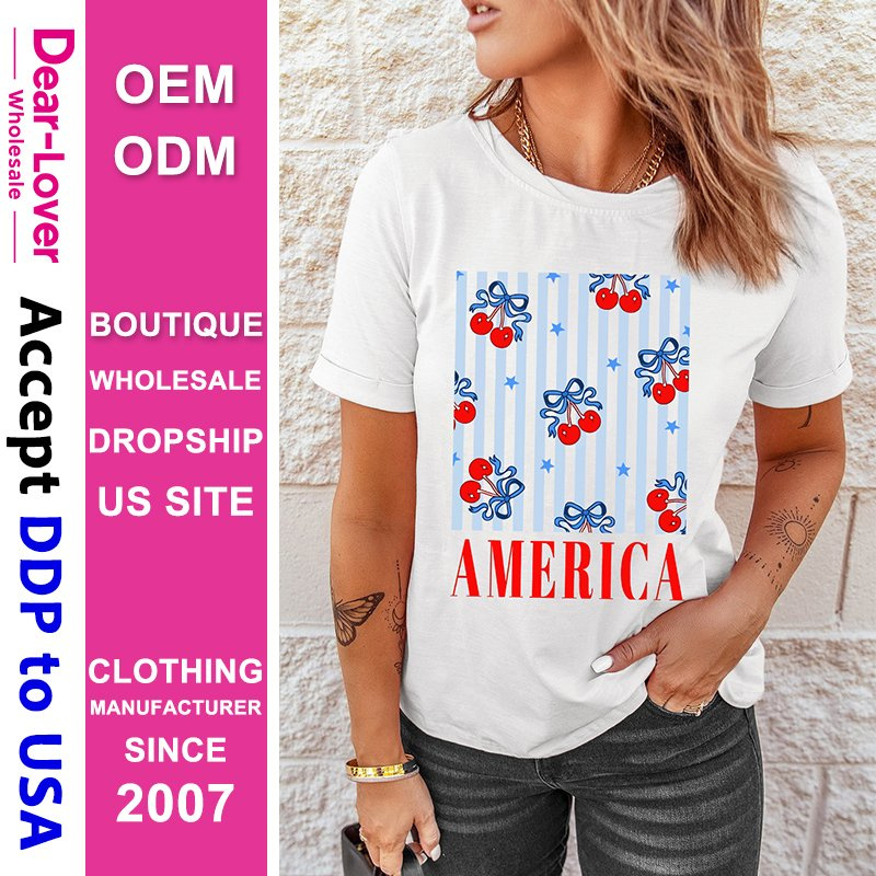Dear-Lover Wholesale Dropshipping Boutique Clothing Women Manufacturers White Bow Cherry America Graphic Crewneck Patriotic Graphic Tee Women T Shirt