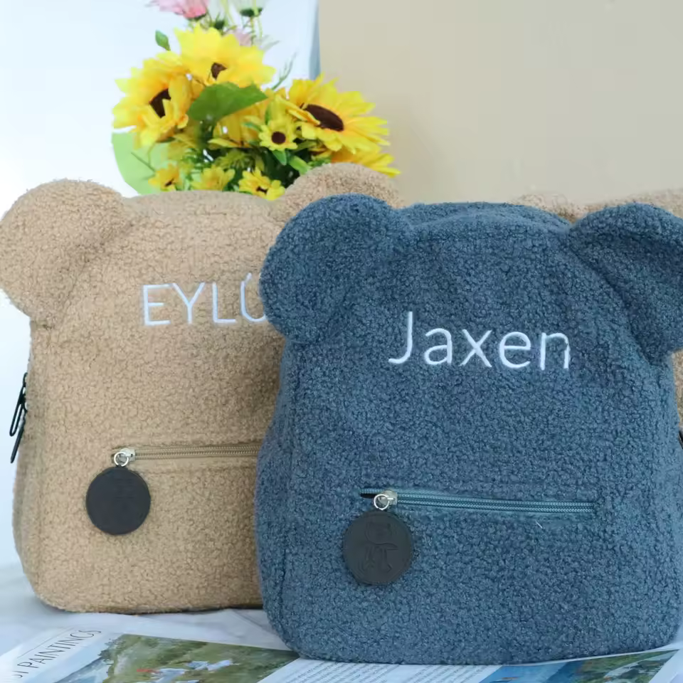 Stock Sherpa Bear's Ears Solid Color Backpack Embroiderable Kids School Backpack Bag Cartoon Plush Satchel For Children Boy Girl