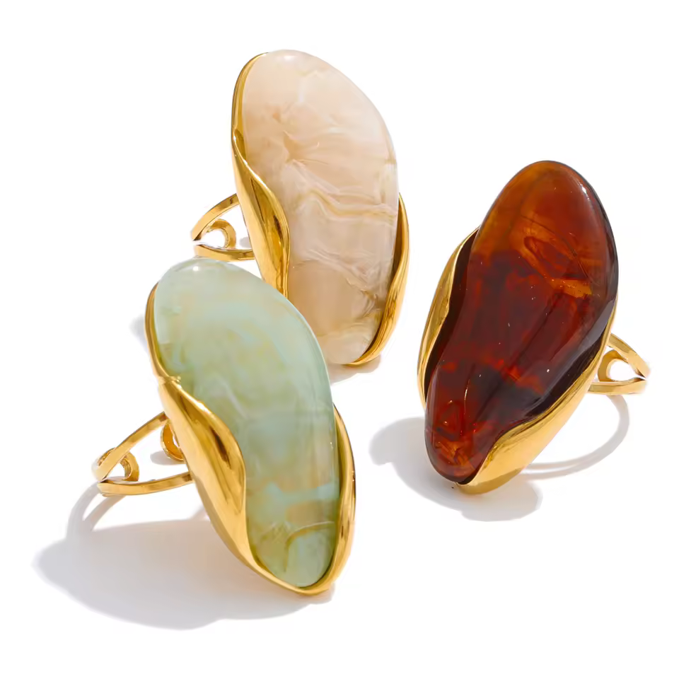 Jinyou 3625 Gold Pvd Stainless Steel Rust Proof Finger Jewelry New Design Brown Green Beige Resin Geometric Adjustable Ring