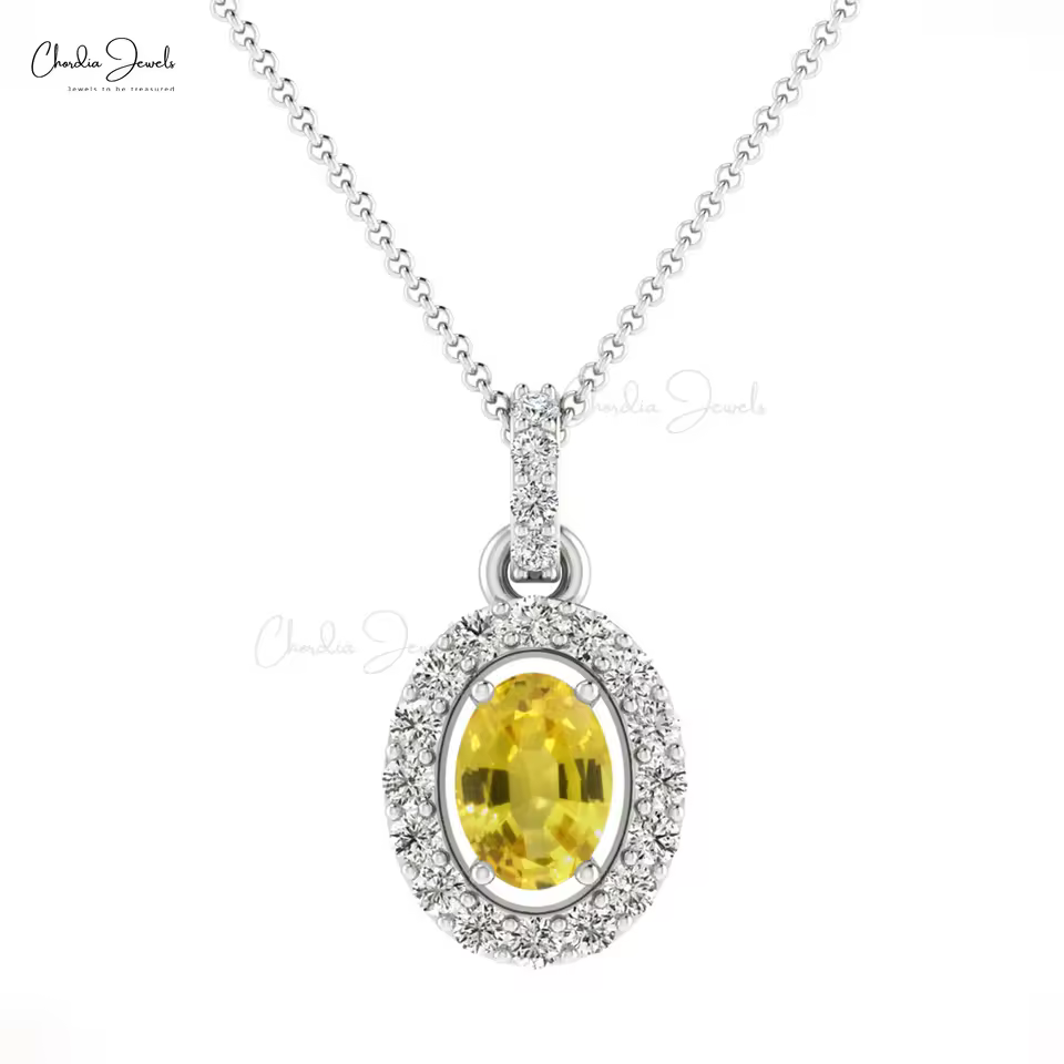 Authentic Yellow Sapphire And White Diamond Halo Pendant Necklace For Women 14k Solid Gold Fine Jewelry From Top Manufacturer