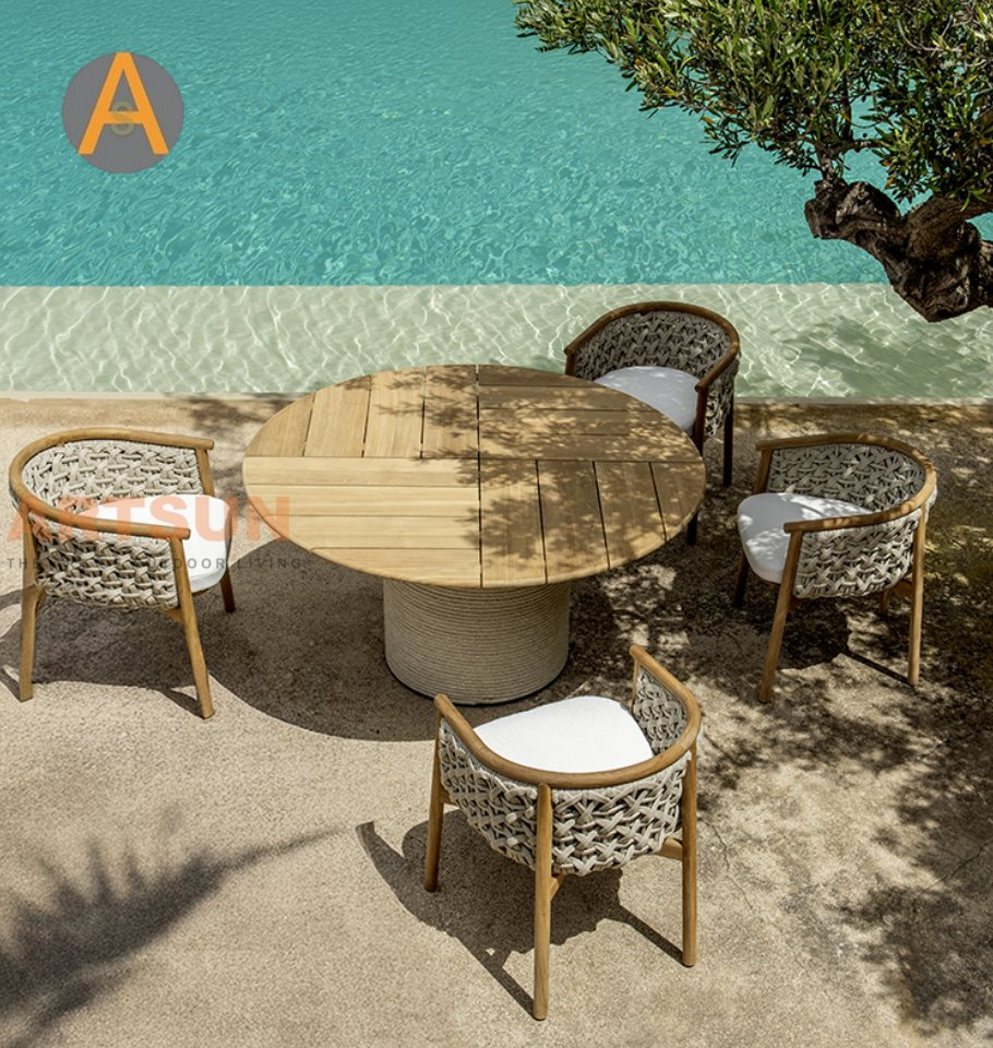 Modern Bar Dining Furniture Set Solid Teak Table and Rope Weave Chairs with Diverse Color Options