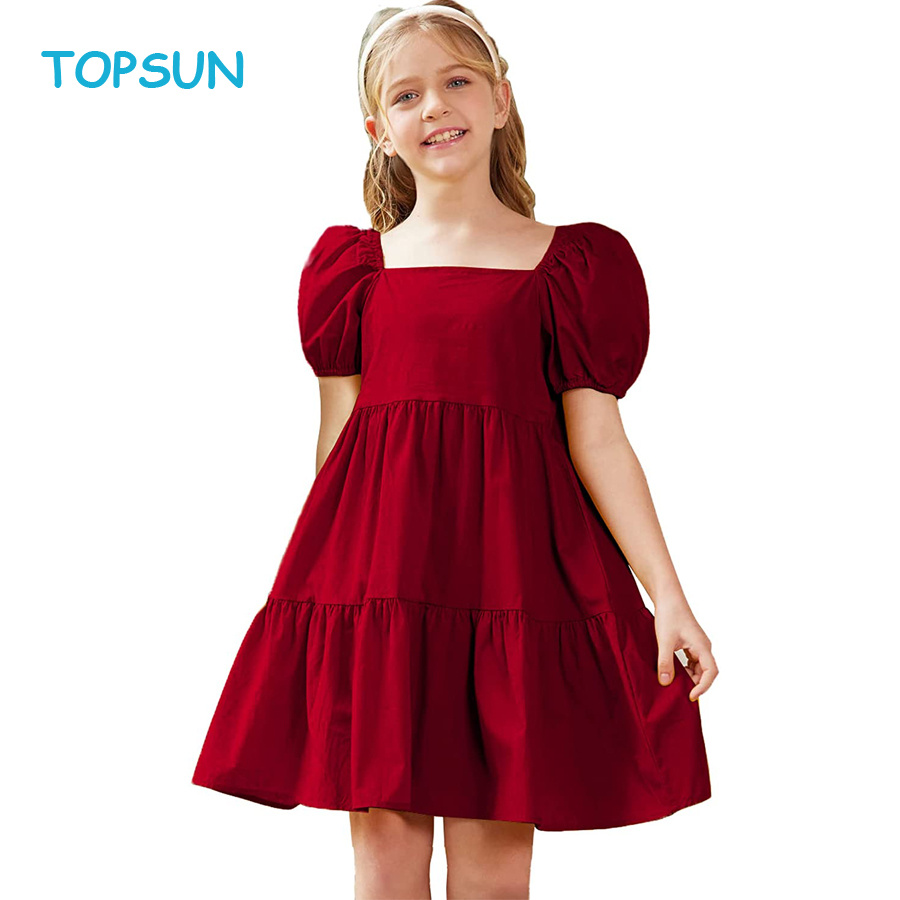 Girls Dress Short Puff Sleeve Loose Tiered Ruffle Casual Dresses Square Neck