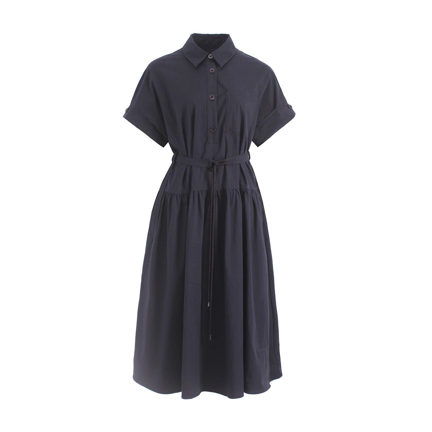 High Quality Summer Shirt Black Formal Dress for Women Short Sleeve Solid Color A-Line Elegant Casual Lyocell Dresses