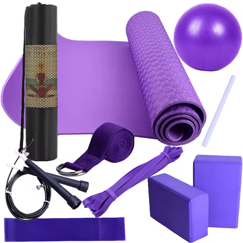 Hot Selling Home Exercise 10 Piece Yoga Mat Set /2 Yoga Blocks/1 Jump Rope/1 Latex Resistance Band/1 Yoga Ball