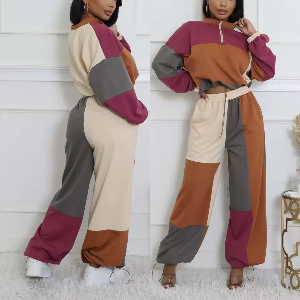 Latest Design Women's Sporty Gym Set Women Colorful Patchwork Lapel Long Sleeve Tops And Wide Leg Pants 2 Piece Sets