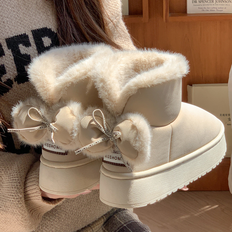 2025 Trending Women's Fur-Trimmed Cotton Winter Snow Boots New Style Versatile Fleece-Lined Warm Outdoor Wear Shoes