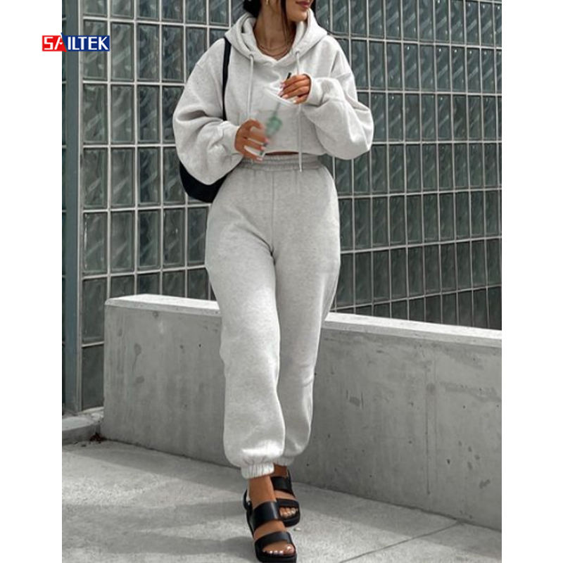 Spring Women Two Piece Cropped Hoodie and Jogger Pants Set