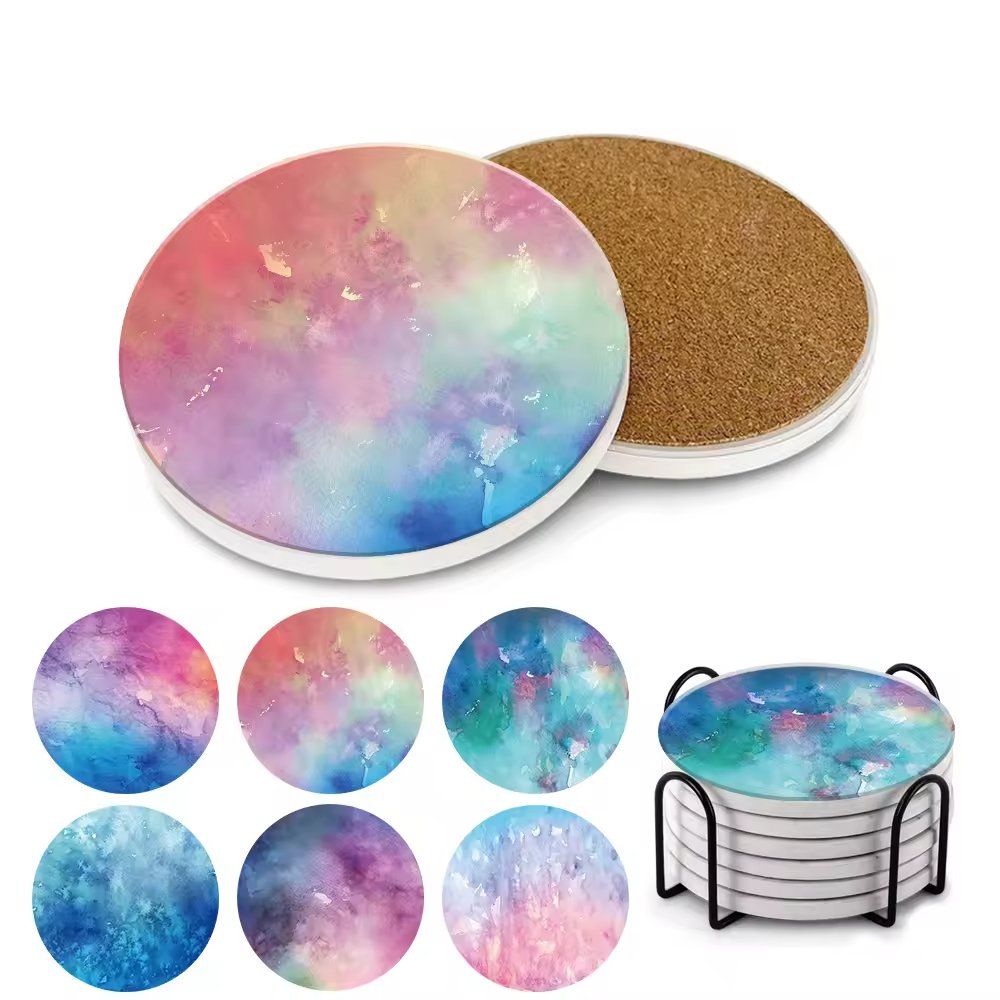 Hot Sell OEM/ODM Round Blank Art Flow Ink Patterns Absorbent Cork Back Drink Coffee Cup Gift Coasters Set for Drinks