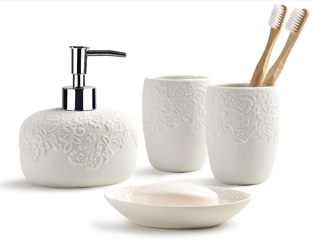 Ceramic Dispenser Soap Dish Cup Bathroom Accessories Set with Embossed Design
