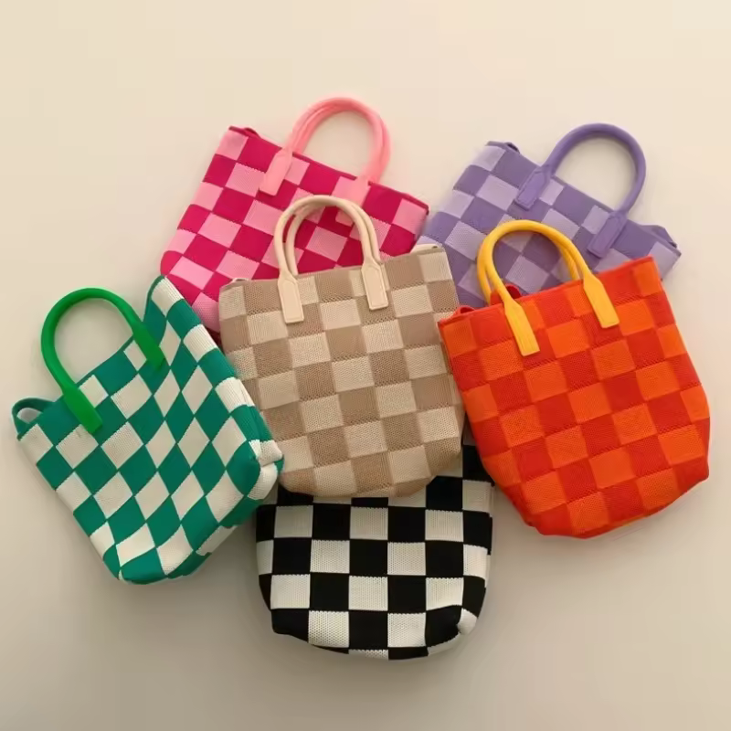 New Design Tote Bag Checkerboard Knitted Shoulder Bag Satchel Girl Women Lady Tote Handbag