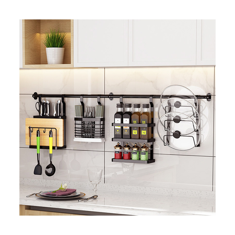 High Quality 304 Stainless Steel Wall Mounted Kitchen Accessories Storage Spice Rack with Hooks