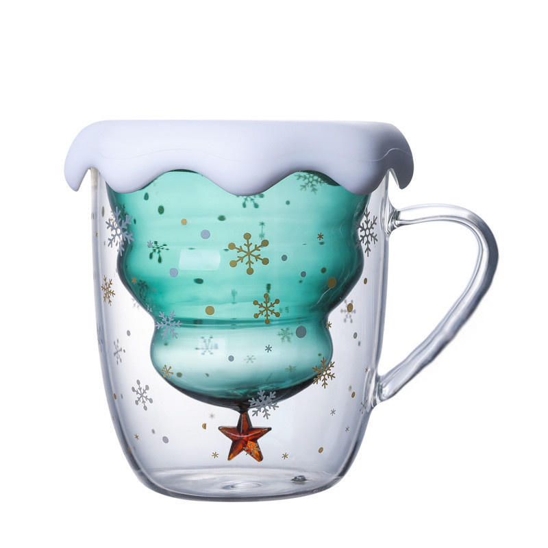 Colorful Christmas Tree Shape Glass Mug Clear Double Walled Handle Tea Cup with Lid