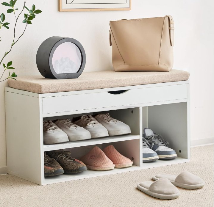 Shoe Bench with Flip Top Storage Space, 2-Tier Shoe Rack Organizer, White