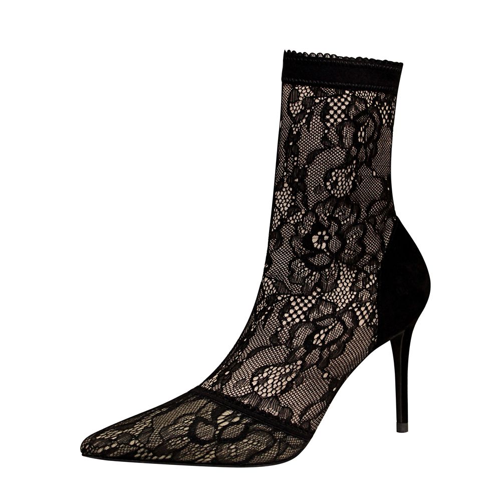 High Quality Fashion Autumn Pointed Toe Stiletto Women Shoes Lace Material Breathable and Comfortable Ankle Boots