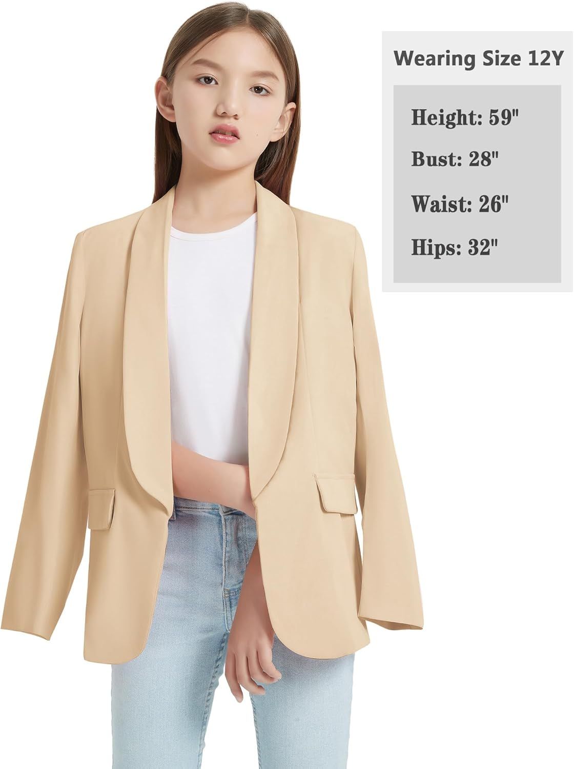 School Uniform Girls Blazer Jacket Teen Suit Long Sleeve Shawl Collar Formal Blazers Open Front Inner Pocket for Kids 6-12 Year