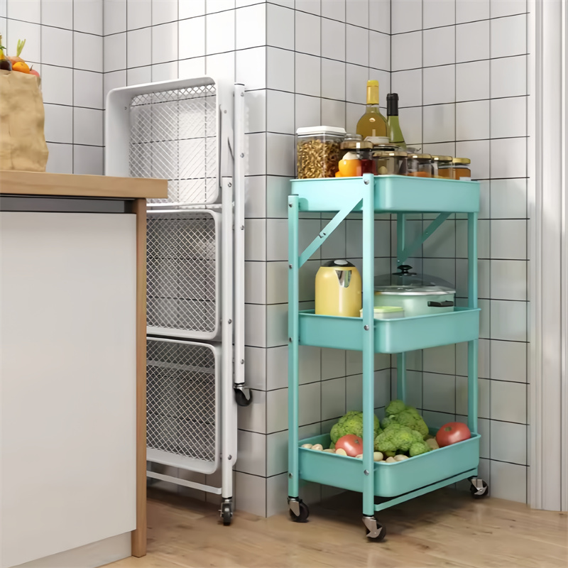 Multifunctional Kitchen Vegetable Storage Shelf Floor-Standing Free Installation Household Foldable Storage Trolley Rack