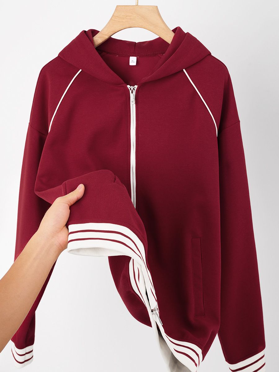 American Style Hooded Zip up Baseball Sweatshirt Solid Color Autumn Basic Couple's Baseball Jacket