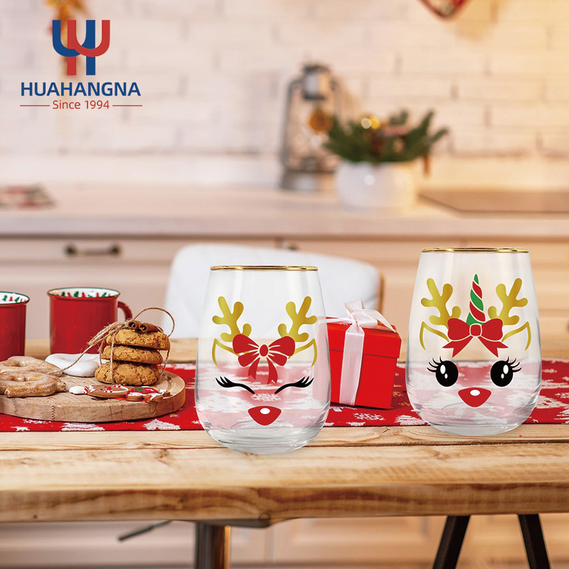 Christmas Stemless Wine Glass with Bamboo Lid and Glass Straw 17oz Clear Drinking Glass Tumbler Cup for Promotion Festival