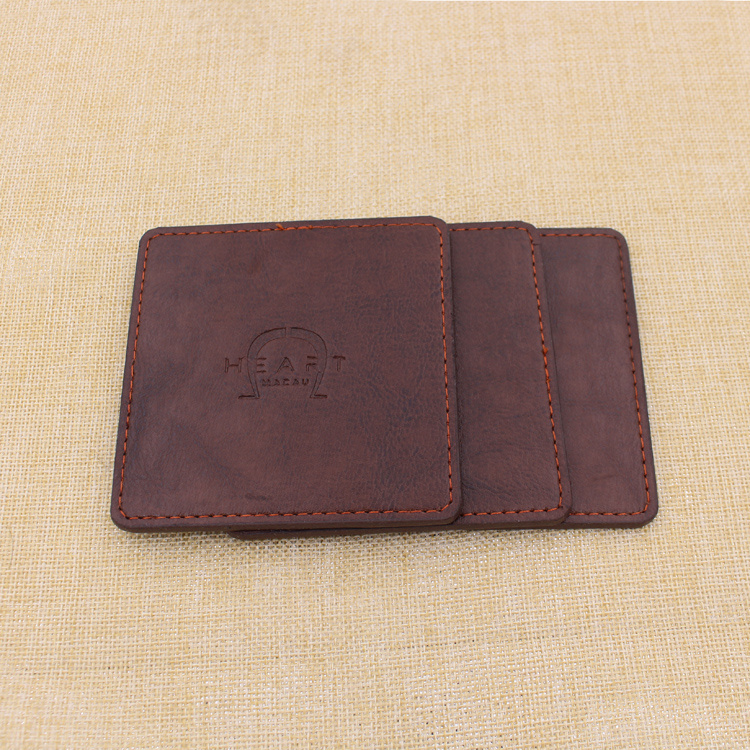 Brown PU Coasters Embossed Logo OEM Office Cup Mat Square Home Drink Placemat Leather Coaster