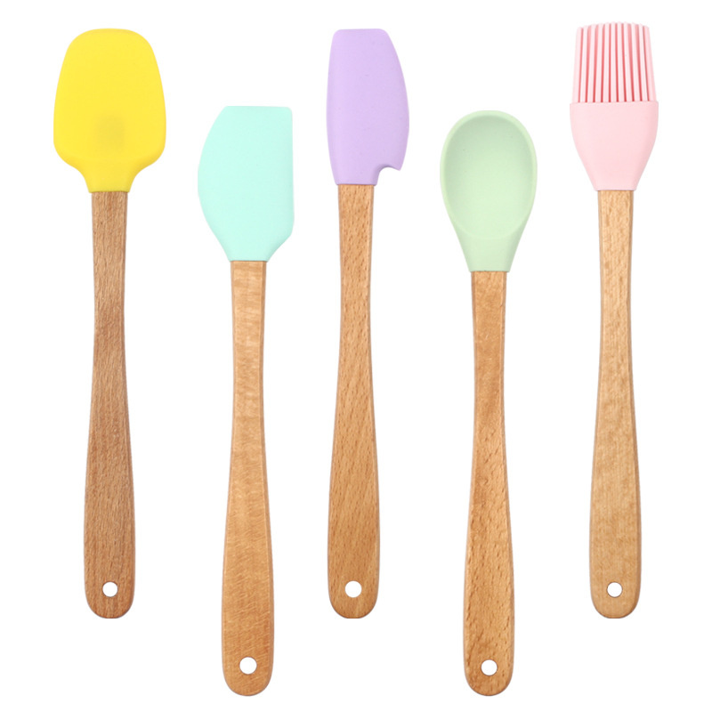 Small 5-Piece Set Scraper Oil Brush Scraper Spoon Children's Wooden Handle Silicone Kitchenware Kitchen Utensils