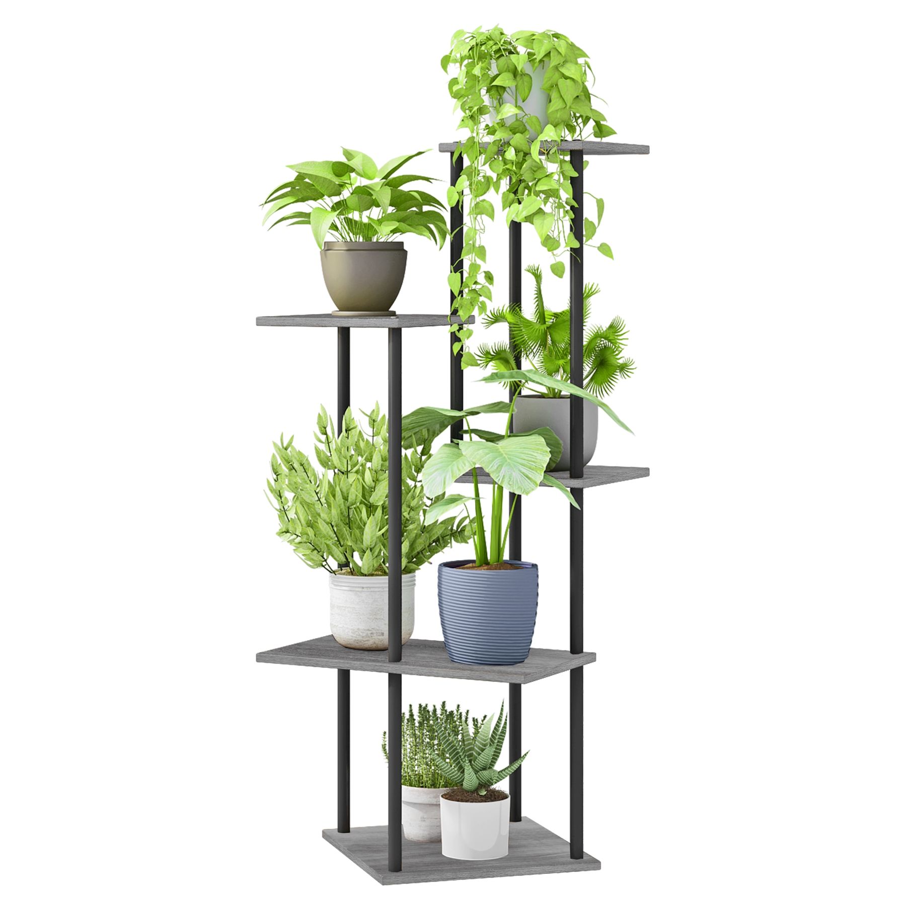 5-Tier Tall Indoor Corner Steel Wood Grey Flower Shelf Plant Stand