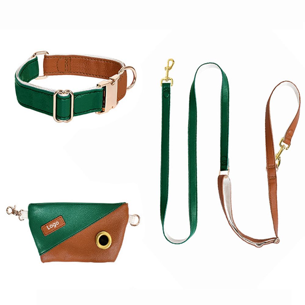 Wholesale Designer Premium Leather Pet Dog Collar and Poop Bag Dispenser Functional Durable Soft PU Leather Dog Leash with Pet Poop Bags