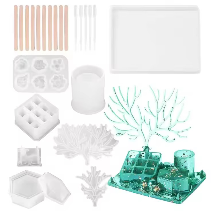 Resin Tray Mold Model Set 1pc Includes 4 Coaster Molds & 2 Silver Handles Handmade Diy Home Decor