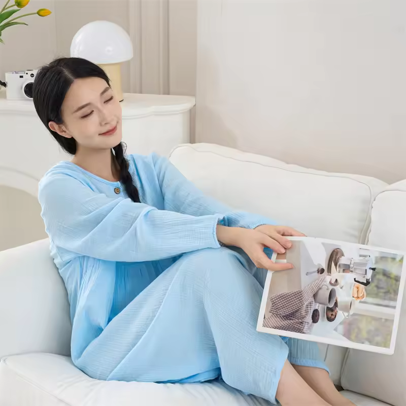 Women's Casual Reactive Dyeing Crinkled Cotton Pajamas Soft Breathable Home Clothing Comfortable Dress For Daily Use For Spring