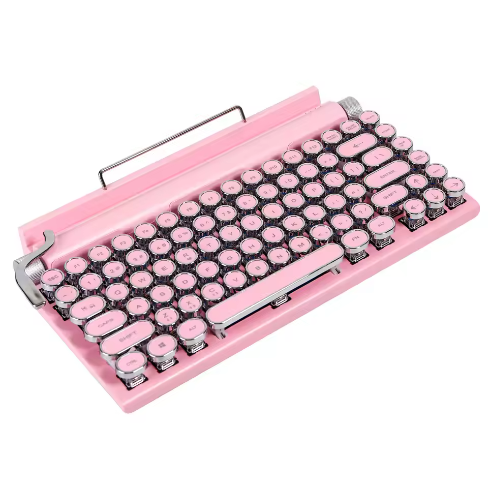 Retro Punk Keyboard Wireless Typewriter Bt Mechanical Classical,Punk Round Keys Gaming Keyboard Pink White Color For Gifts Girl