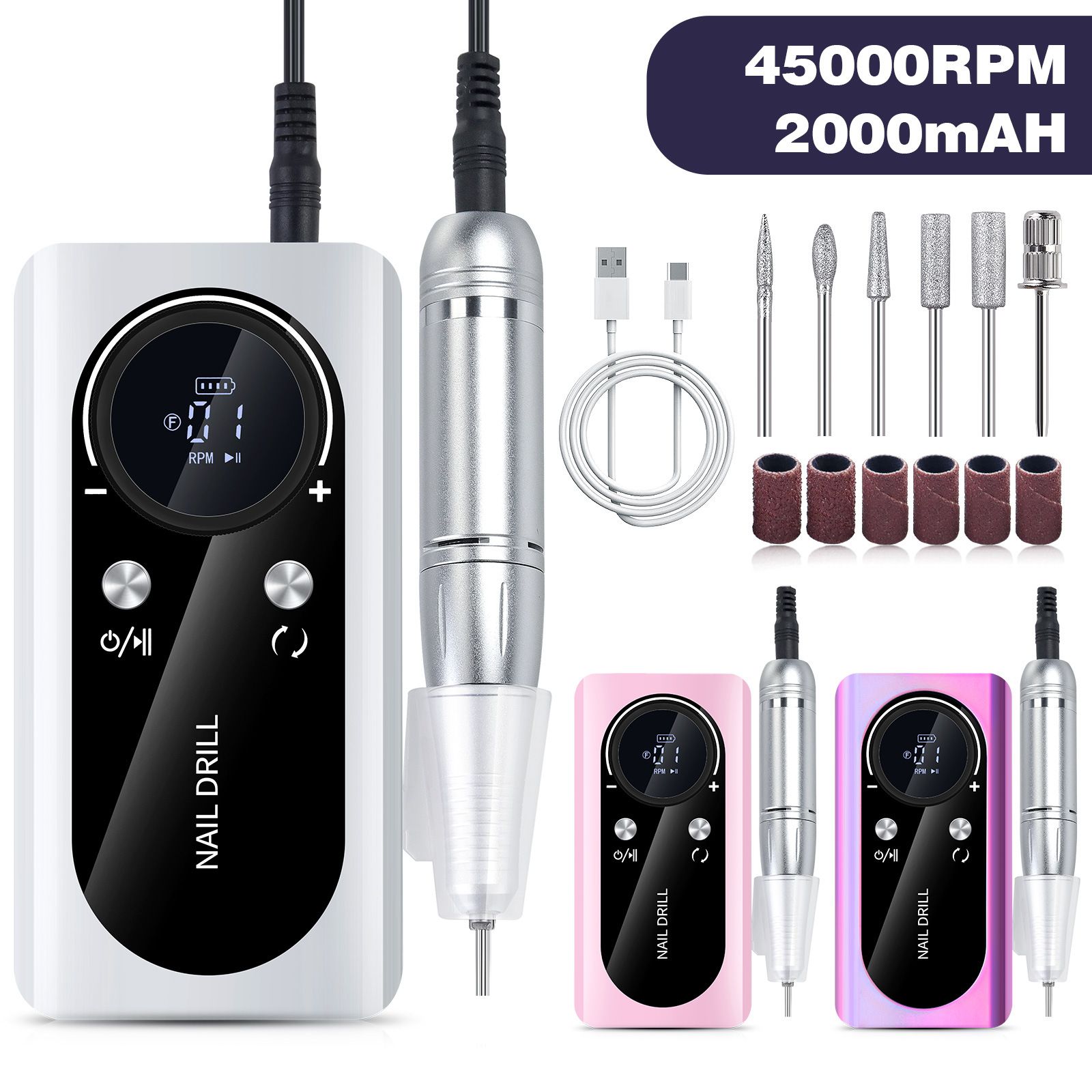 Hot Sale 45000rpm Portable Nail Drill for 3min Hard Acrylic Nails Removing Rechargeable Nail Drill Machine for Manicure